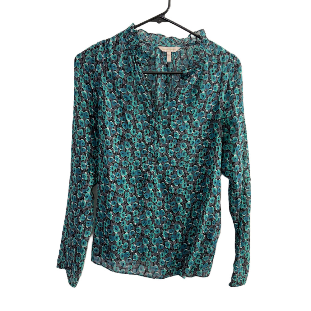 Rebecca Taylor Silk Top Womens Size 2 Green Floral Long Sleeve Button Up Sheer